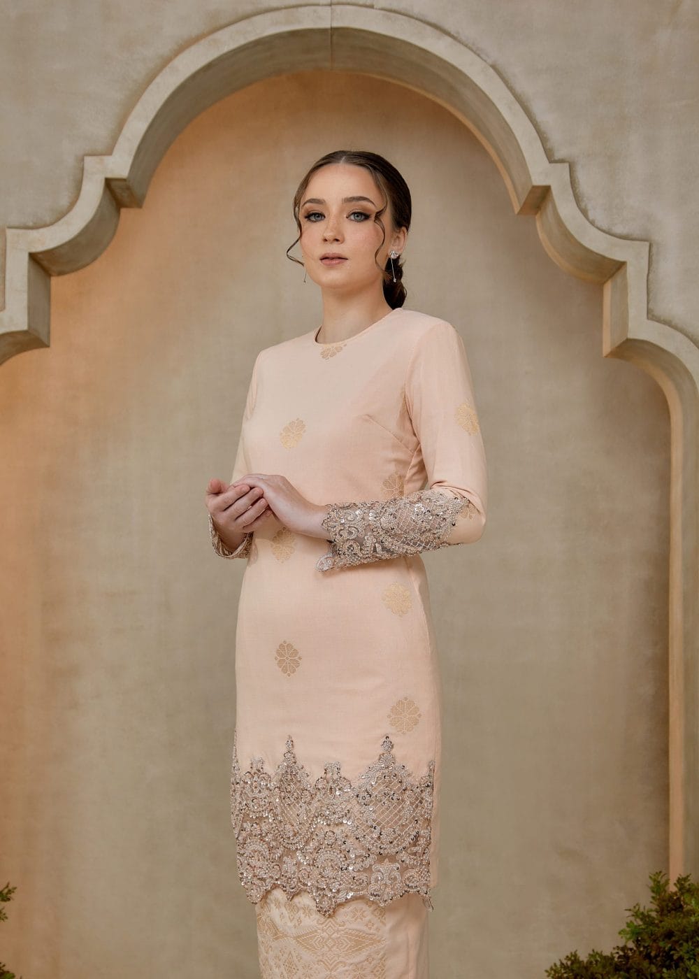 Seroja Songket Kurung in Salmon - view 2 - Effa Sidek Atelier