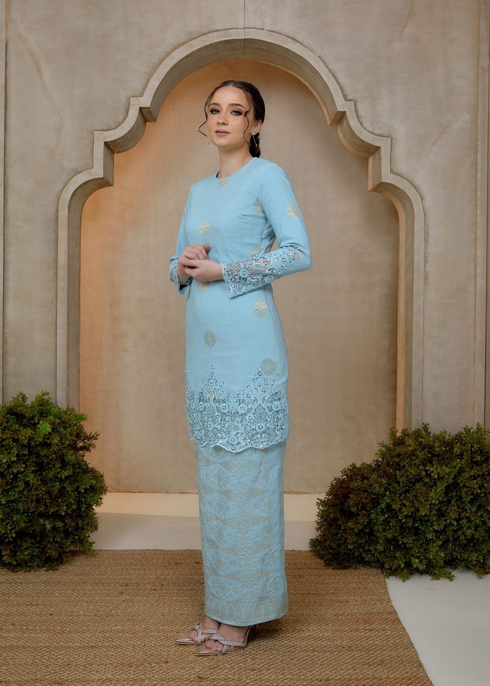 Seroja Songket Kurung in Aqua Blue - view 2 - Effa Sidek Atelier