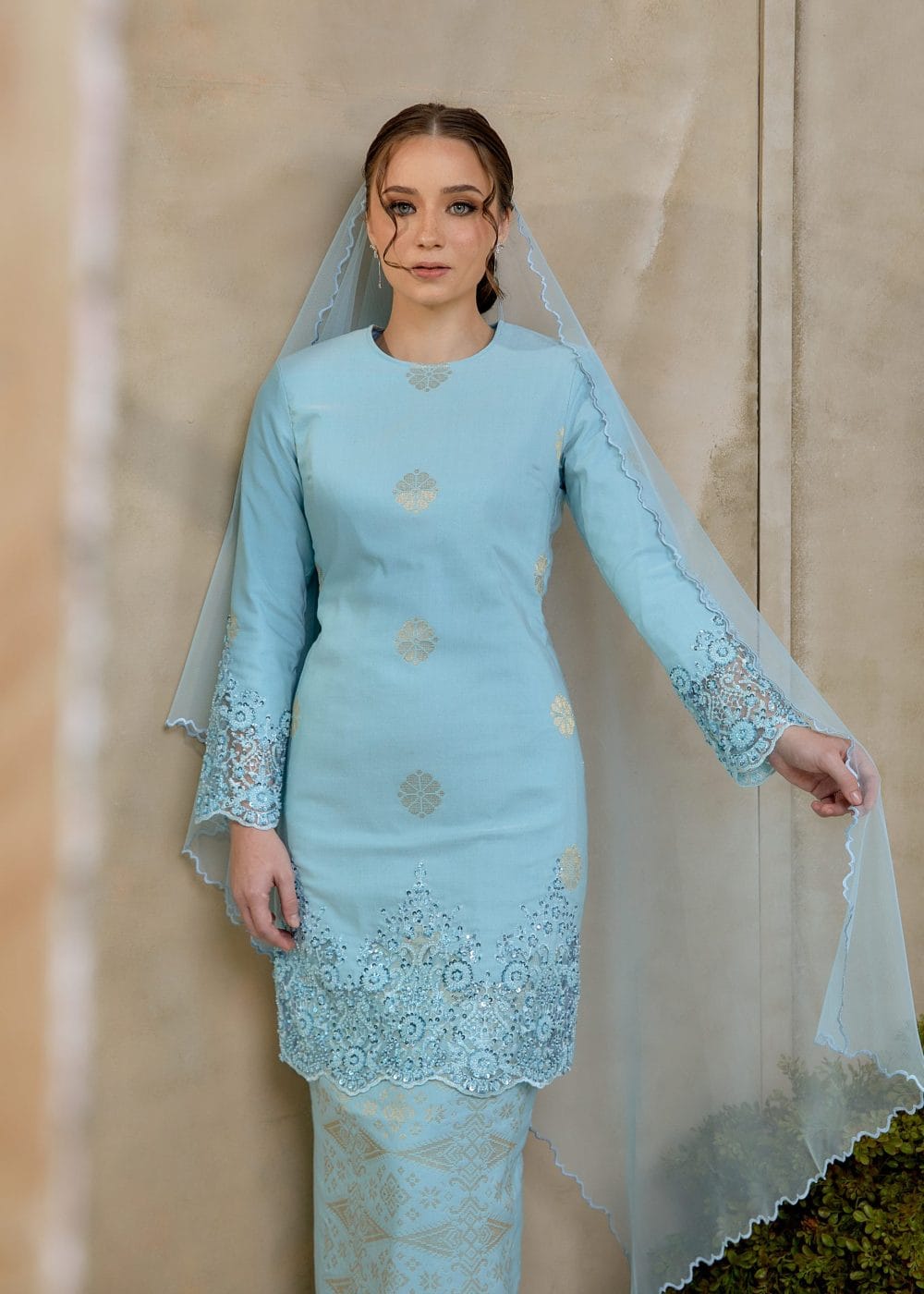 Seroja Songket Kurung in Aqua Blue