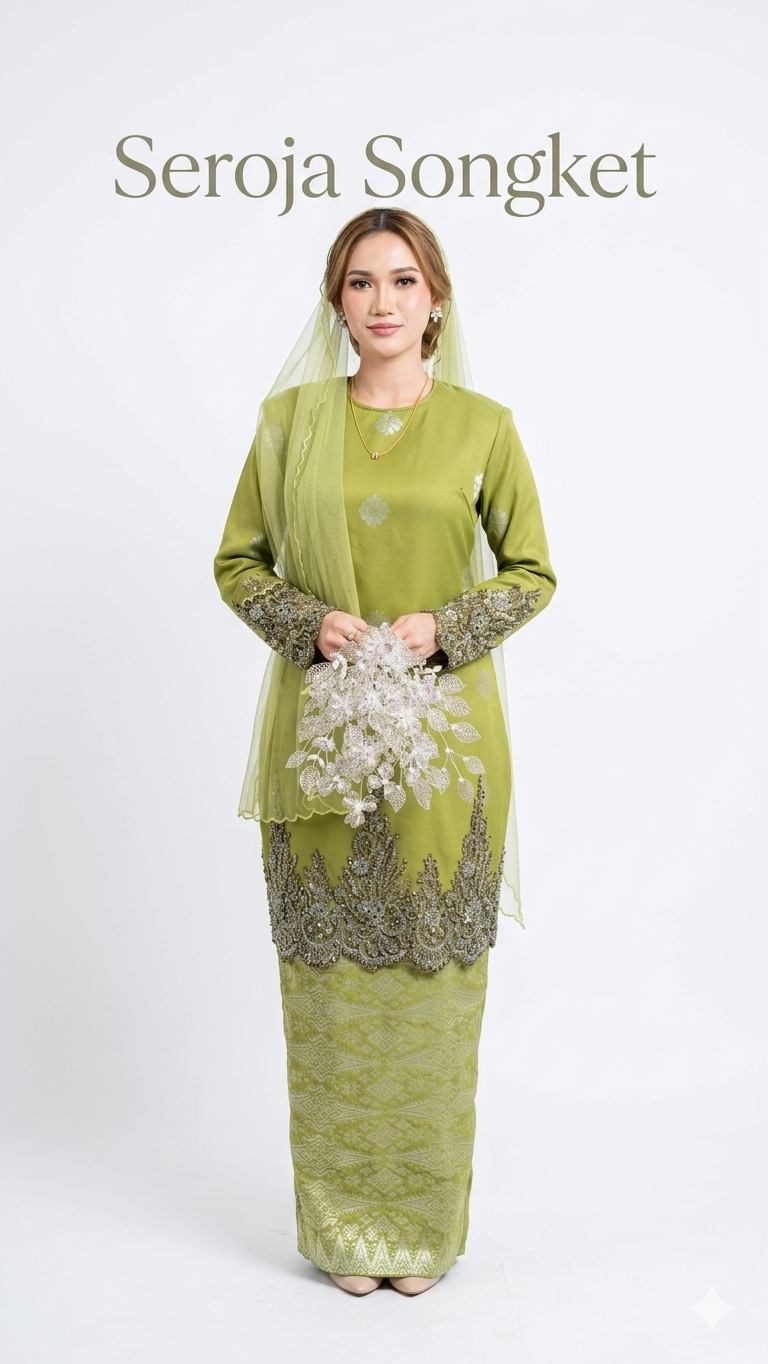 Seroja Songket Kurung in Olive Green